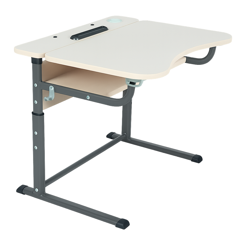 Стіл учнівський 1-місний з полицею, на металевому каркасі (плоскоовальна труба), з регулюванням кута нахилу стільниці 0°-15°, ЛЕЛЕКА, 700х590х580-700 мм.